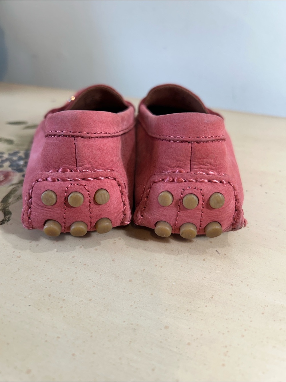 Coach Napoleon Salmon Pink Coral Suede Gold Buckle Driving Loafers - Picture 4 of 15